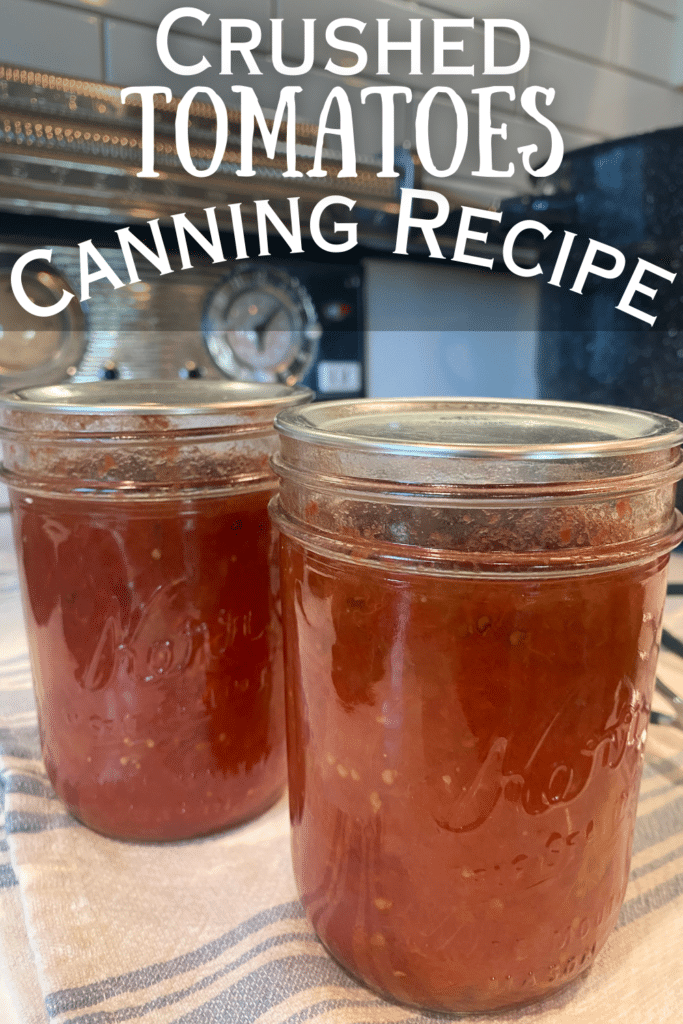 crushed tomatoes canning recipe in jars with text on stove top