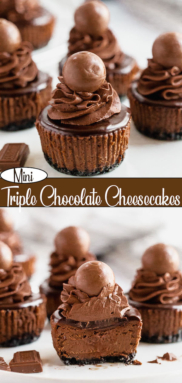 Chocolate Lovers Unite! These Mini Triple Chocolate Cheesecakes are an insanely decadent treat perfect for the ultimate chocolate lover! A rich and creamy chocolate cheesecake sits on top of an Oreo crust. It’s then topped with chocolate whipped cream, chocolate ganache and chocolate shavings! | queensleeappetit.com #chocolate #ganache #dessert #easy #sweet #chocolatecheesecake #cheesecake mini chocolate cheesecakes made with an Oreo crust and topped with dark chocolate ganache, chocolate whipped cream and chocolate truffles.